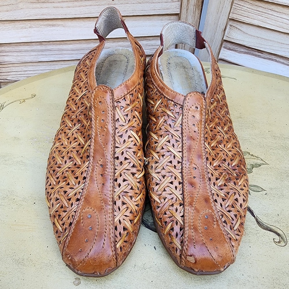 Pikolinos EU 38 US 7.5 8 Romana Brown Leather Woven Slingback Wedge Sandals Boho